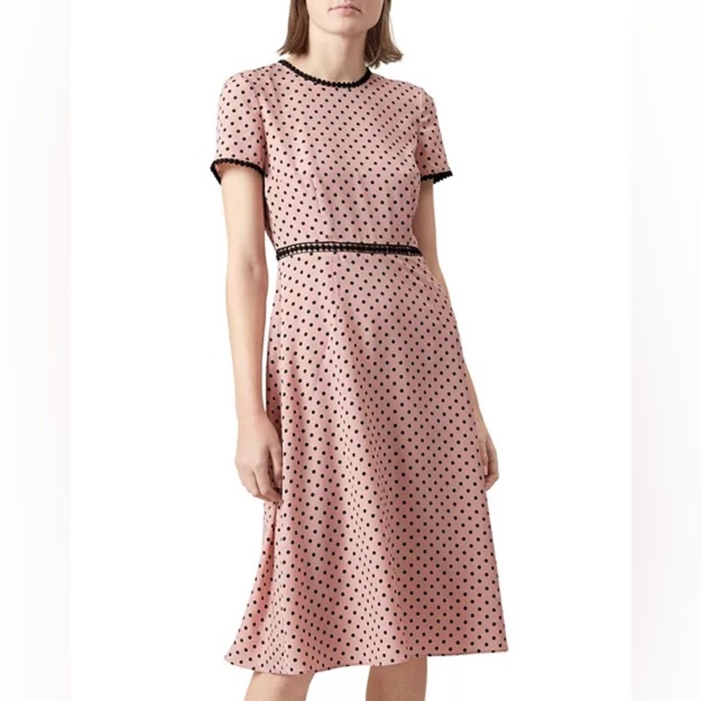 Hobbs London Maria Polka Dot Size 4 Blush Pink Fit & Flare Midi Dress